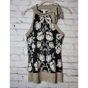White House Black Market Floral Polka Dot Halter Tie Neck Top Tan Black M Chic